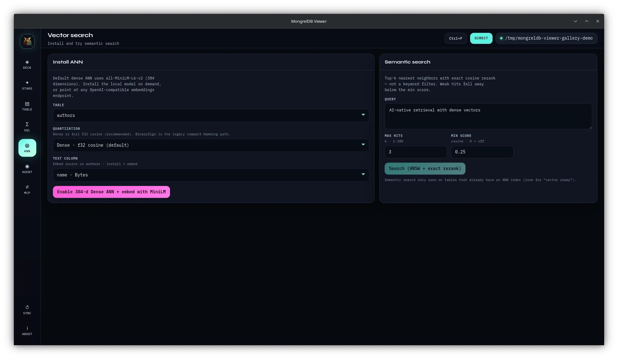 MongrelDB Viewer ANN screen showing semantic vector search and index controls